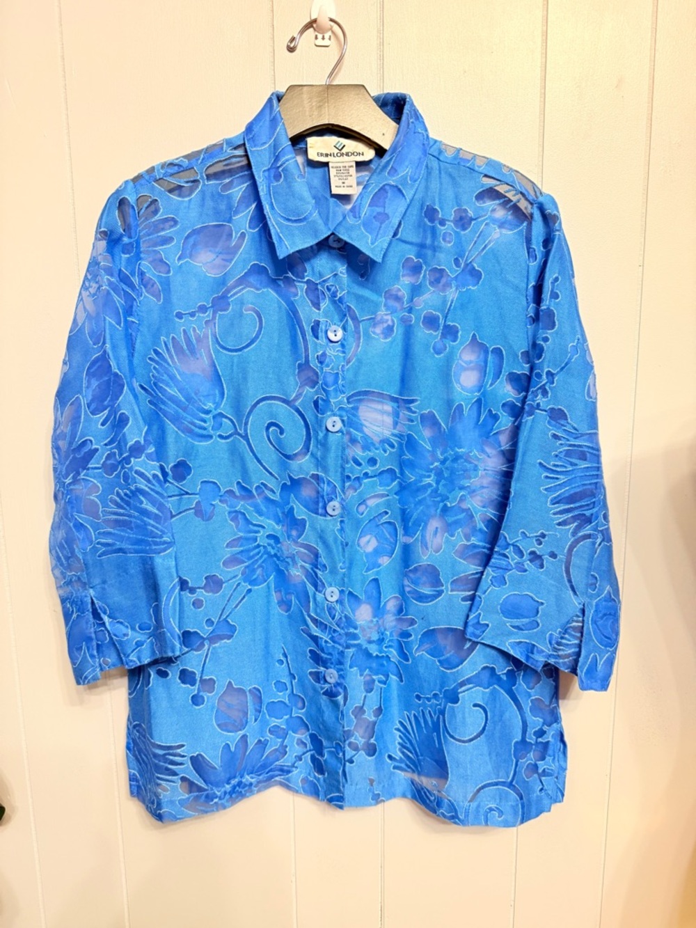 #16)  erin london Blue Floral Button-Down Sheer Shirt